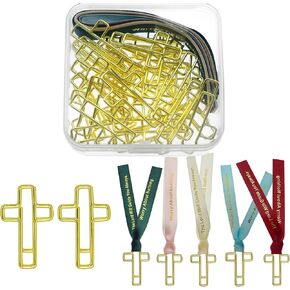 40 Pack Cross Paper Clips and Ribbons Bookmarks Set. 30 pcs Bible Paperclips, 10 pcs Christian Ribbons, Bible Study Supplies Accessories Gifts