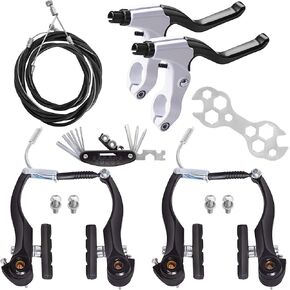 Complete Bike Brakes Set, Universal Bike Front and Rear MTB Brake, Inner and Outer Callipers Cables Lever Kit with Multi-Tool Wrenches Silver