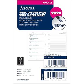 Filofax Calendar Diary Refill, Pocket Size, Week on One Page with Notes, White Paper, Multilingual: Four Languages, 2025 (C68209-25)