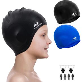 2 Pack Kids Swim Caps for Boys Girls, Durable Silicone Swimming Cap with 3D Ear Pockets for Age 3-15 Toddler Child Youth Teen, Unisex Swim Bath Hats for Short/Long Hair with Ear Plugs Nose Clip