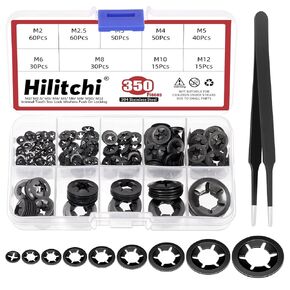 Hilitchi 326Pcs 5 Sizes Internal Tooth Star Lock Washers Assortment Kit M2 M2.5 M3 M4 M5 Steel Black Oxide Finish Push on Locking Washer Quick Speed Locking Washers with Tweezer
