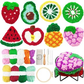 Soleeya Punch Needle Kits Adults Beginner 8 Pcs Punch Needle Coaster Kit Fruit Patterns Punch Needle Embroidery Kit Including Yarn Hoop Needle and Video Tutorials, Rug Tufting Coaster DIY Craft Gifts