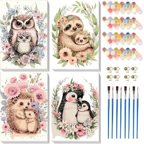 4 Pack Paint by Number for Kids with Frame-Animals Paint by Numbers for Kids Ages 4-8-12,Easy Owls Sloths Hedgehogs Penguins DIY Acrylic Beginners Oil Painting Kits for Home Wall Decor 8x10 Inch
