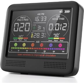16-in-1 Air Quality Monitor Indoor with 7AQI Beep Alarm, CO2 Monitor, Air Quality Detector with PM1.0 | PM2.5 | PM10 | Temp | HUM | Formaldehyde | VOC Tester for Home Office Plant (Deep Black)