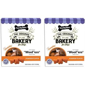 Three Dog Bakery Grain Free Wafers Baked Dog Treats, Pumpkin, 13 oz