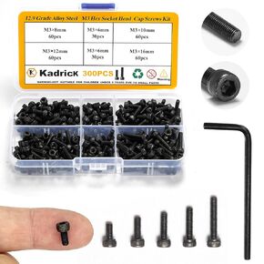 Kadrick 1250 Pcs M3 Screws and Nuts Assortment M3x4MM-35MM, Hex Socket Head Cap Metric M3 Machine Bolts Kit, 12.9 Grade Alloy Steel,Anti-Rust Up Graded,Black Zinc Plated,Free Allen Head Wrench