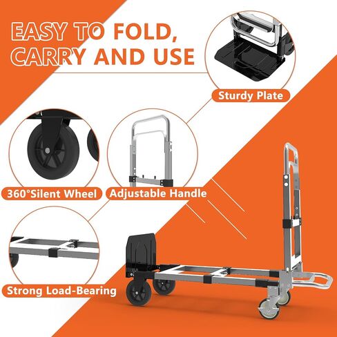 3 in 1 Heavy Duty Folding Hand Truck, Convertible Hand Truck, Portable Steel Hand Truck Dolly with Telescopic Handle, Folding Dolly Cart with Rubber Wheels, Hand Truck Foldable 500 LB in Saudi Arabia