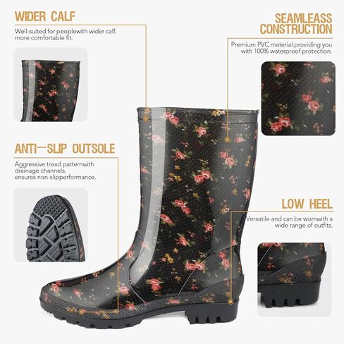 DaeRainy Rain Boots for Women, Black Waterproof Mid Calf, Non Slip Garden Shoes in Kuwait