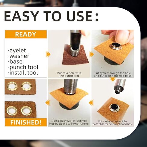 200Pcs Grommet Eyelet Pliers Kit, 1/4 Inch Brass Grommet Tool Kit with 200 Metal Eyelets and Washers, Fabric Leather Hole Eyelets Grommet Punch Pliers for Fabric/Leather/Belt/Shoes/Clothes (Gold) in Kuwait