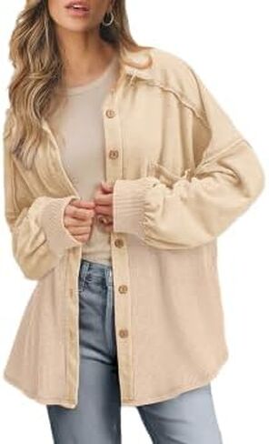SHEWIN Womens Waffle Knit Shacket Fall Fashion Button Down Shirt Jacket Loose Fit Long Sleeve Tops in Saudi Arabia