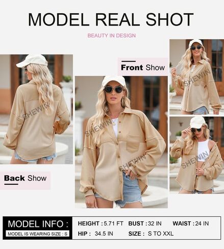 SHEWIN Womens Waffle Knit Shacket Fall Fashion Button Down Shirt Jacket Loose Fit Long Sleeve Tops in Saudi Arabia