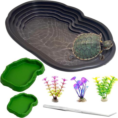 Reptile Bathing Pool 2-in-1 Tortoise Water Dish with Ramp Large Turtle Feeding Bowl with Steps Plastic Reptile Food & Water Dishes 7 Pcs Gecko Habitat Decoration Accessories Lizard Bath Tub in Kuwait