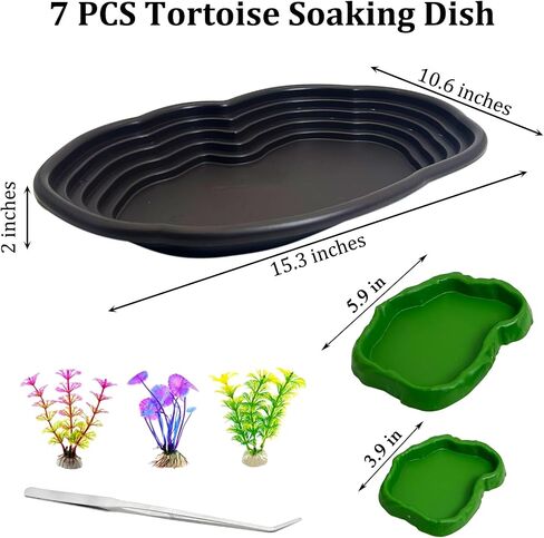 Reptile Bathing Pool 2-in-1 Tortoise Water Dish with Ramp Large Turtle Feeding Bowl with Steps Plastic Reptile Food & Water Dishes 7 Pcs Gecko Habitat Decoration Accessories Lizard Bath Tub in Kuwait