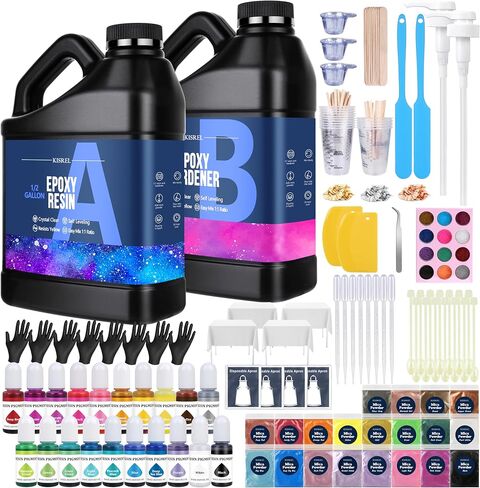 Epoxy Resin 2 Gallon - Clear Epoxy Resin Kit with 24 Pigments and 24 Colors of Mica Powders - No Yellowing No Bubble Casting Resin for Art Crafts, Jewelry Making, Wood & Resin Molds(1 Gallon x 2) in Saudi Arabia