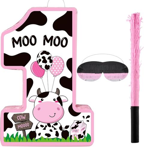 Hungdao Number 1/2 Piñata with Blindfold Stick and Confetti First Birthday Cow Piñata Decorations Cow Piñata for Boys Girls Anniversary Celebration Decorations Game Supplies Baby Shower(Number 2) in Kuwait