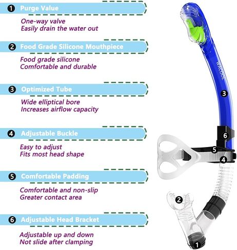 WACOOL Training Headstrap Support Dry Top Snorkel Tube Comfortable Mouthpiece One-Way Purge Valve for Pool Open Water Scuba Lap Swimming Swimmer Diving Snorkeling in Saudi Arabia