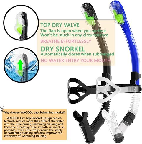 WACOOL Training Headstrap Support Dry Top Snorkel Tube Comfortable Mouthpiece One-Way Purge Valve for Pool Open Water Scuba Lap Swimming Swimmer Diving Snorkeling in Saudi Arabia