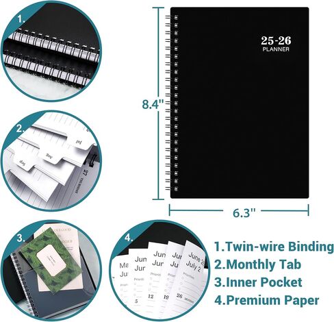 Planner 2025-2026 - Academic Planner 2025-2026, JUL 2025 - JUN 2026, 6.3'' × 8.4'', Weekly & Monthly Planner, Notes, Thick Paper, Twin-wire Binding, Back Pocket in Saudi Arabia