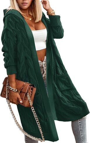 WIFFGO Hooded Open Front Cardigan for Women Cable Knit Sweaters Chunky Pocketed Oversized Knee Length Long Coats in Saudi Arabia