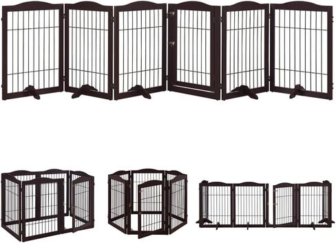 beeNbkks Extra Wide Pet Gate, 6 Panels Freestanding Dog Gate with Walk Through Door and 5 Support Feet, Foldable Pet Barrier Fence for Stairs Doorways Fireplace, Indoor Exercise Playpen for Dogs Cats in Kuwait