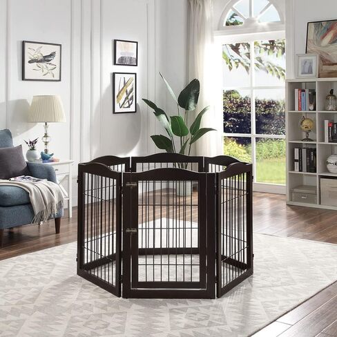 beeNbkks Extra Wide Pet Gate, 6 Panels Freestanding Dog Gate with Walk Through Door and 5 Support Feet, Foldable Pet Barrier Fence for Stairs Doorways Fireplace, Indoor Exercise Playpen for Dogs Cats in Kuwait