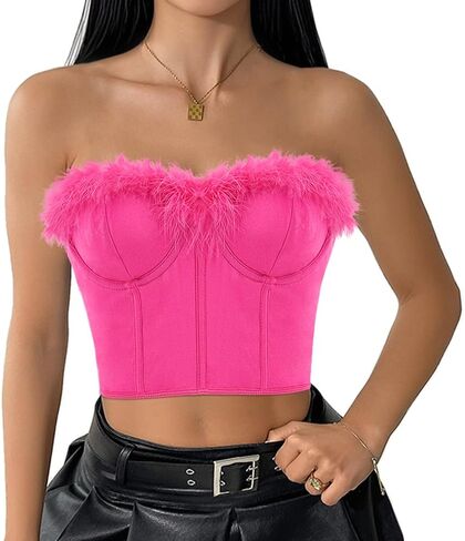 jascaela Women's Sexy Sleeveless Fuzzy Trim Bustier Cami Tube Top Faux Fur Tank Tops Corset Top Rave Festival Outfits in Kuwait