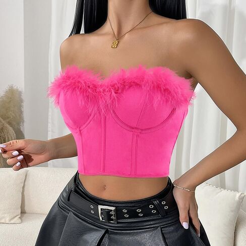 jascaela Women's Sexy Sleeveless Fuzzy Trim Bustier Cami Tube Top Faux Fur Tank Tops Corset Top Rave Festival Outfits in Kuwait