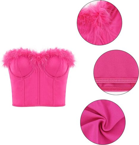 jascaela Women's Sexy Sleeveless Fuzzy Trim Bustier Cami Tube Top Faux Fur Tank Tops Corset Top Rave Festival Outfits in Kuwait