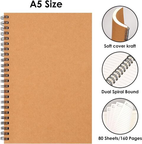 LABUK 7 Pack Blank Spiral Notebook, A5 Unlined Spiral Notebook, 100 Pages Journal Sketch Books 8.3"x 5.5" Soft Cover Kraft Diary Planner, 50 Sheets for School Travel Office (Brown) in Kuwait