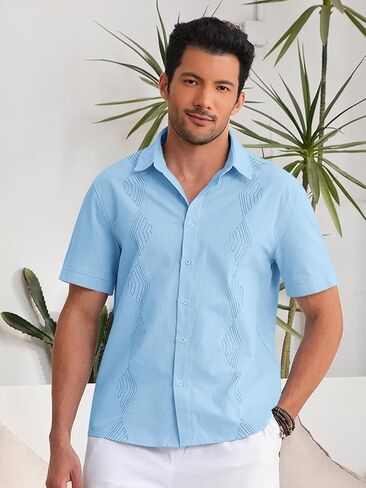 قميص Makkrom الرجالي Guayabera الكوبي بأكمام قصيرة وأزرار سفلية، قمصان كاجوال صيفية للشاطئ in Kuwait