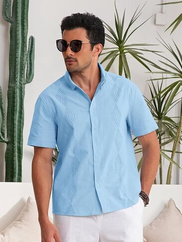 قميص Makkrom الرجالي Guayabera الكوبي بأكمام قصيرة وأزرار سفلية، قمصان كاجوال صيفية للشاطئ in Kuwait