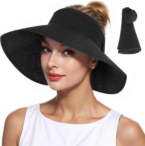 Women Straw Sun Visor Hat - UV Protection Wide Brim Roll Up Summer Hat Foldable Outdoor in Saudi Arabia