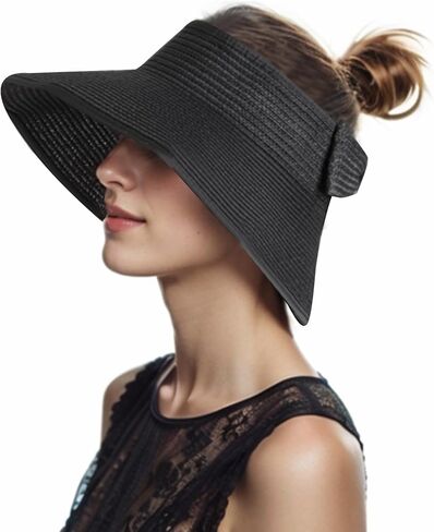 Women Straw Sun Visor Hat - UV Protection Wide Brim Roll Up Summer Hat Foldable Outdoor in Saudi Arabia
