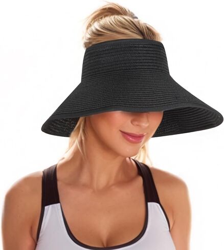 Women Straw Sun Visor Hat - UV Protection Wide Brim Roll Up Summer Hat Foldable Outdoor in Saudi Arabia