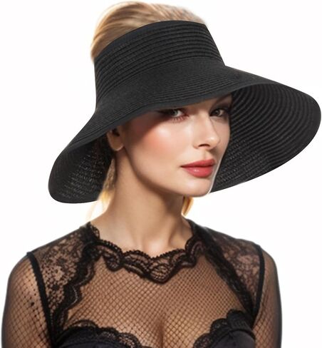 Women Straw Sun Visor Hat - UV Protection Wide Brim Roll Up Summer Hat Foldable Outdoor in Saudi Arabia