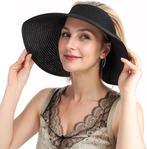 Women Straw Sun Visor Hat - UV Protection Wide Brim Roll Up Summer Hat Foldable Outdoor in Saudi Arabia