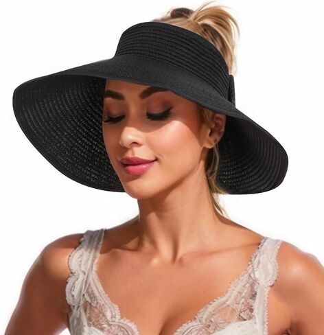 Women Straw Sun Visor Hat - UV Protection Wide Brim Roll Up Summer Hat Foldable Outdoor in Saudi Arabia