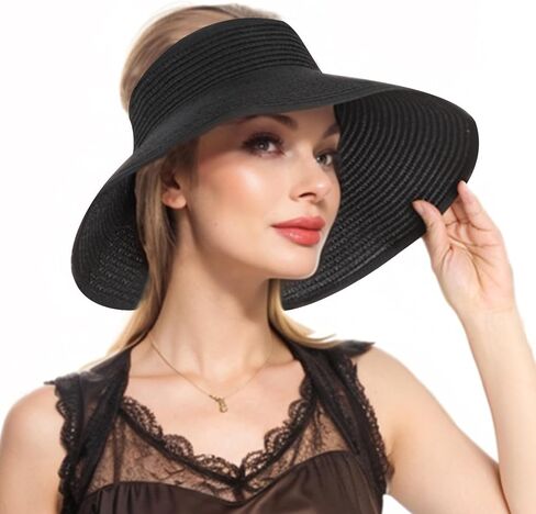 Women Straw Sun Visor Hat - UV Protection Wide Brim Roll Up Summer Hat Foldable Outdoor in Saudi Arabia
