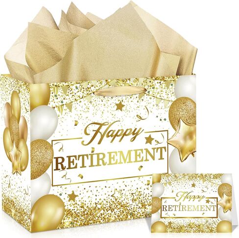 Retirement Gift Bag with Tissue Paper Set Large Black and Gold Happy Retirement Wrapping Gift Bag and Greeting Card for Men Women Office Coworker Farewell Going Away Party Favors Wrap Bags Supplies in Kuwait