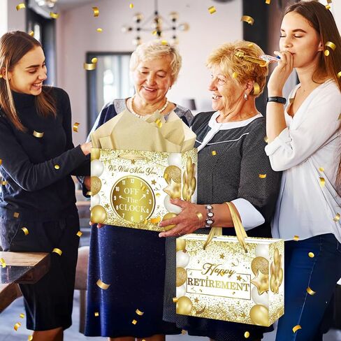 Retirement Gift Bag with Tissue Paper Set Large Black and Gold Happy Retirement Wrapping Gift Bag and Greeting Card for Men Women Office Coworker Farewell Going Away Party Favors Wrap Bags Supplies in Kuwait