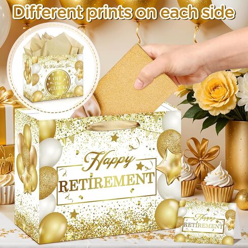 Retirement Gift Bag with Tissue Paper Set Large Black and Gold Happy Retirement Wrapping Gift Bag and Greeting Card for Men Women Office Coworker Farewell Going Away Party Favors Wrap Bags Supplies in Kuwait