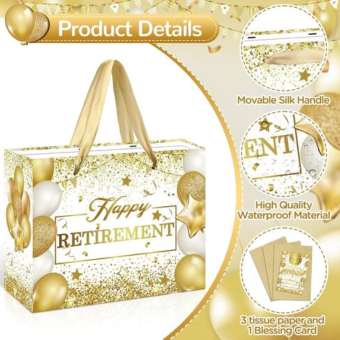 Retirement Gift Bag with Tissue Paper Set Large Black and Gold Happy Retirement Wrapping Gift Bag and Greeting Card for Men Women Office Coworker Farewell Going Away Party Favors Wrap Bags Supplies in Kuwait