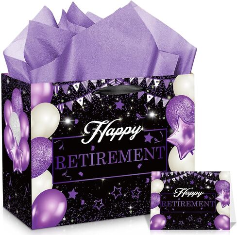 Retirement Gift Bag with Tissue Paper Set Large Black and Gold Happy Retirement Wrapping Gift Bag and Greeting Card for Men Women Office Coworker Farewell Going Away Party Favors Wrap Bags Supplies in Kuwait