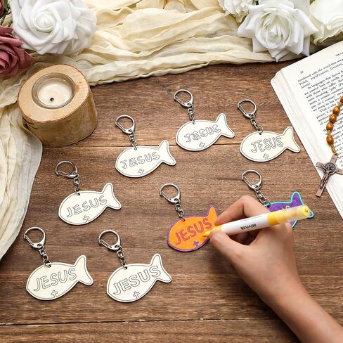 24 Pcs Religious Cross Keychain Crafts Color Your Own Wood Keychains DIY Christian Coloring Keychain Gifts Blank Unfinished Cross Keychains Kits for Religious Sunday School Classroom Activities in Kuwait