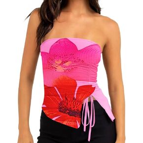 MISSACTIVER Women’s Strapless Sleeveless Tube Top Mesh Double Layer Ruched Side Asymmetrical Lace Up Bandeau Cami Tank Tops