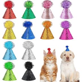 12PCS Dog Birthday Party Cone Hats with Pompons for Small Medium Dog Cat Holiday Wedding Costume Accessories