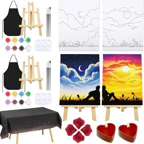 Nuberlic Date Night Painting Kit for Couples Sip and Paint Kit for Adults Couples Pre Drawn Canvas to Paint for Adults Valentines Sunset Love Theme 2 Pack 8" X 10"