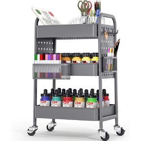 TOOLF 3-Tier Storage Cart, Metal Utility Rolling Cart with DIY Pegboards, Art Craft Trolley with Baskets Hooks, Organizer Serving Cart Easy Assemble for Office, Home, Kitchen, Bathroom, Laundry, Grey