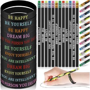 Sabary 48 Pcs Motivational Pencils Inspirational Silicone Bracelets Set Mood Pencil Motivational Quote Rubber Wristbands for Kids Teens Christmas Classroom Gifts for Students (Colorful Background) in Kuwait