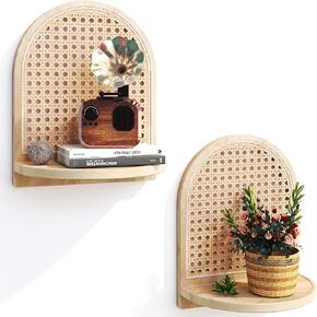 Corner Floating Shelves, Rattan Corner Wall Shelf Pine Wood Natural Boho Bookshelf Wicker Corner Shelf Wall Mounted for Bedroom,Bathroom,Living Room